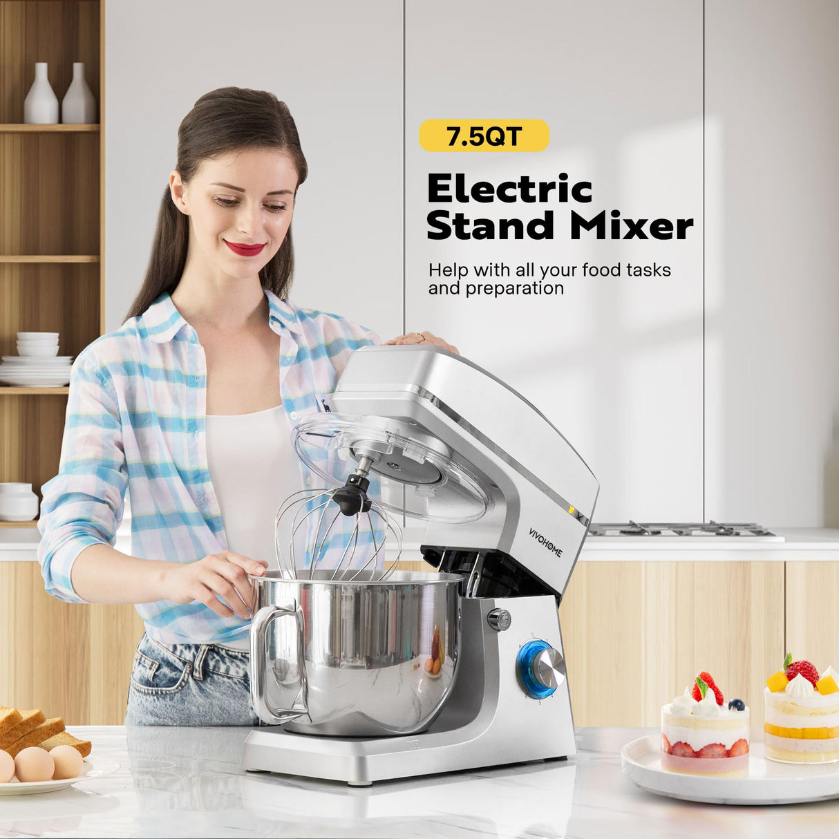 VIVOHOME 7.5 Quart Stand Mixer, 660W 6-Speed Tilt-Head Kitchen Electric Food Mixer with Beater, Dough Hook, Wire Whip, and Egg Separator, Silver VIVOHOME