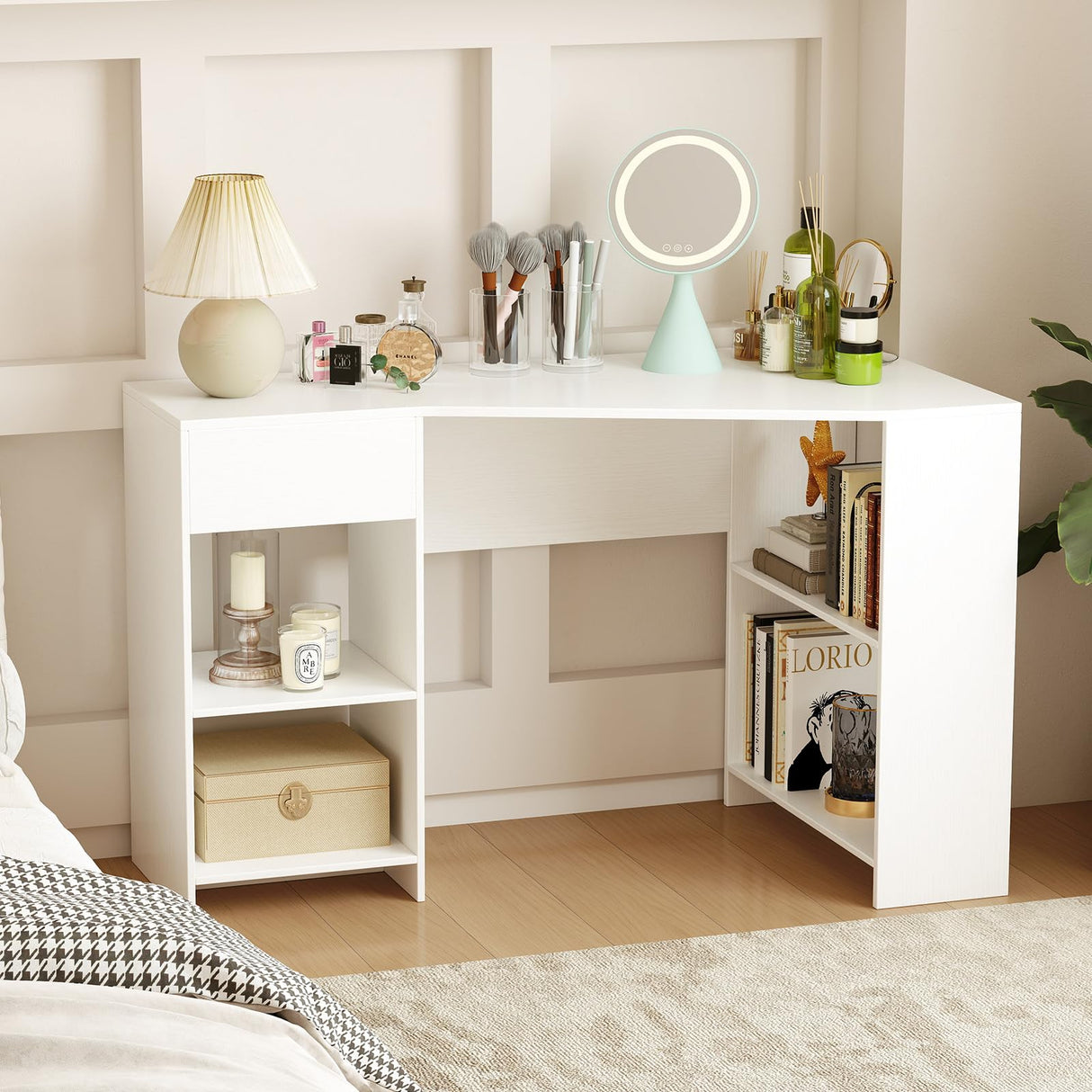 Giantex White Desk with Drawer, 48 Inch Corner Desk with Storage Shelves, Laptop PC Table for Workstation, Vanity Table for Bedroom, Modern Wood Executive Study Writing Table for Small Space Giantex