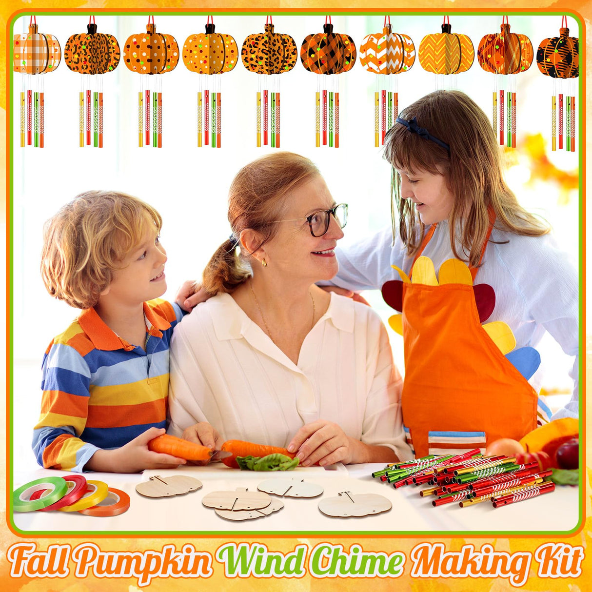 GlikCeil 128 Pcs Fall Crafts Pumpkin Wind Chime Making Kit Make Your Own Pumpkin Wind Chime Wooden Arts and Crafts Ornaments DIY to Paint Autumn Craft for Fall Autumn Thanksgiving Party GlikCeil