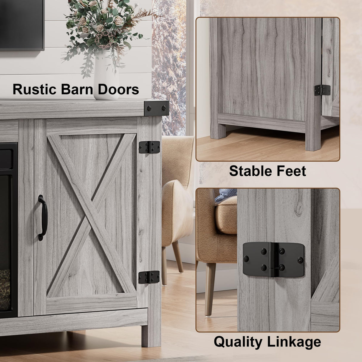 Furmax Fireplace TV Stand for Up to 65 Inches TVs, Farmhouse Entertainment Center with Grooved Barn Doors, Rustic Media Console Table with Storage Cabinets for Living Room (Grey Wash) Furmax