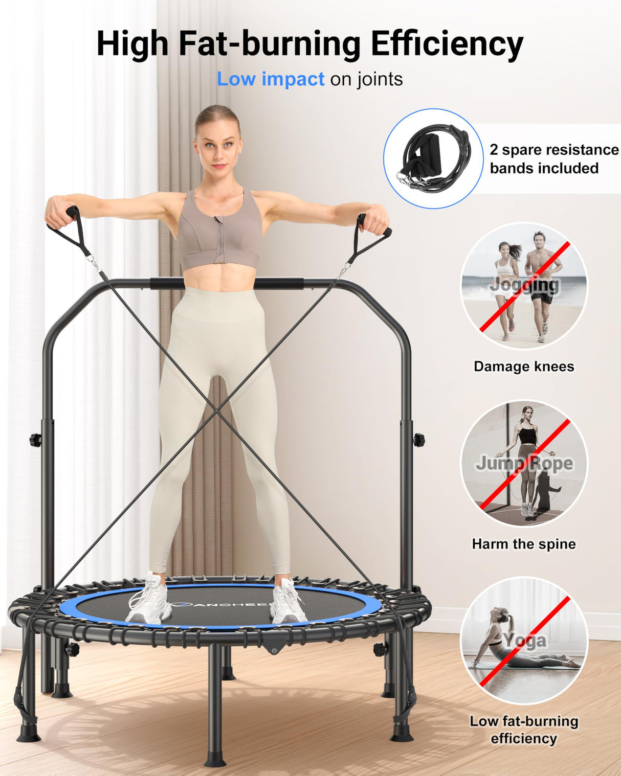 ANCHEER 40" Foldable Rebounder Trampoline for Adults/Kids with Resistance Bands and Bungees, Fitness Home, Indoor & Outdoor Mini Trampoline with Bar and Safety Padding - Max Load 330lbs (Blue) ANCHEER