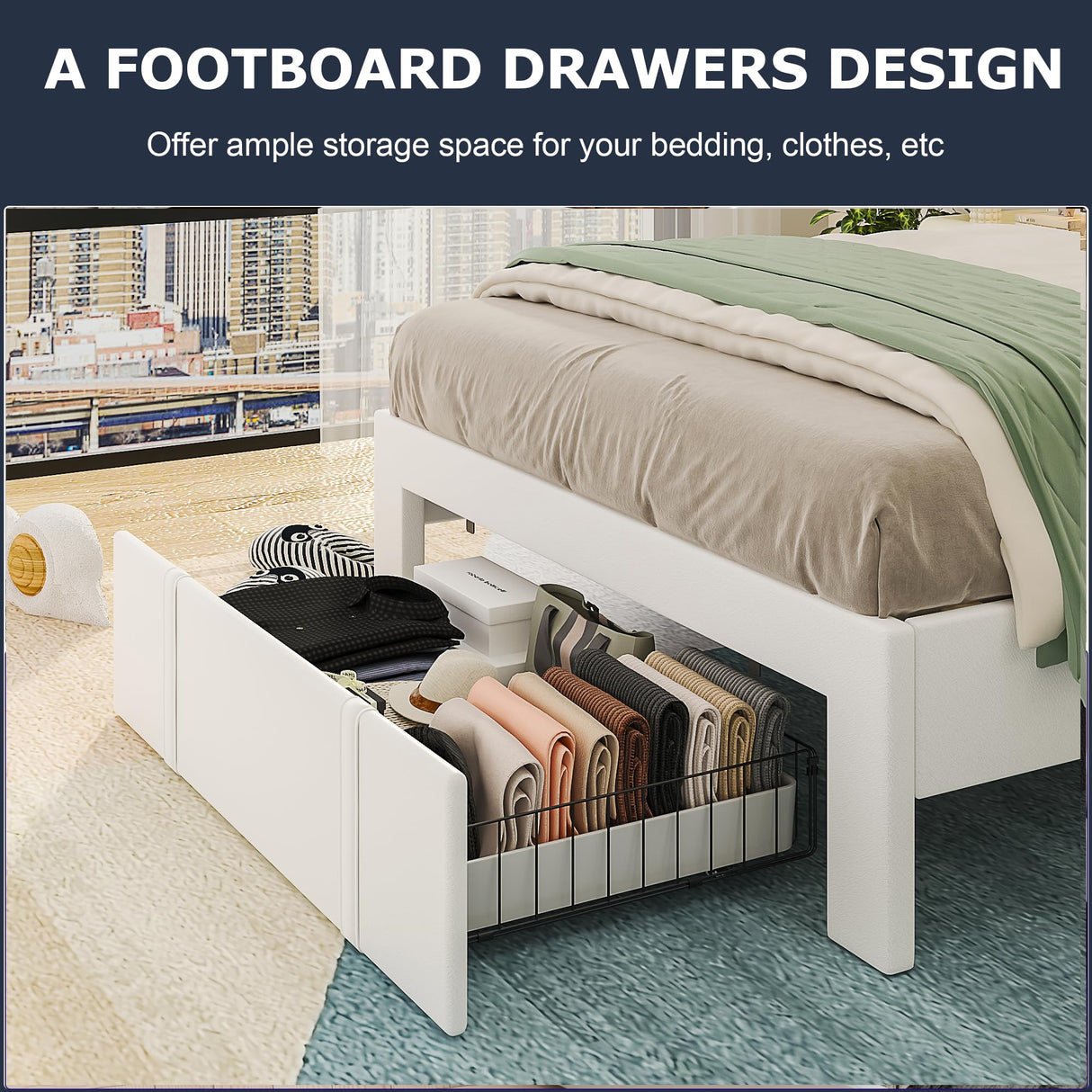 VECELO Twin Size Bed Frame with Storage Drawers, Leather Upholstered with Diamond Tufted Headboard, Solid Wood Slat Support, No Box Spring Needed, White VECELO