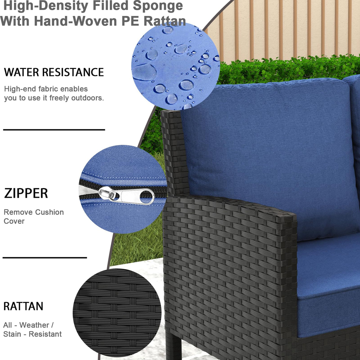 HLNPTN 7-Piece Patio Furniture Set, Outdoor Couch with Dining Table & Ottomans, PE Rattan Sofa Set with Cushions for Deck, Yard, Poolside (Blue) HLNPTN