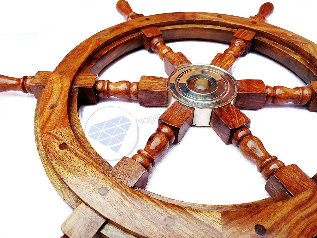 Nagina International Natural Wood Premium Pirate's Boat Ship Wheel (16 Inches) Nagina International