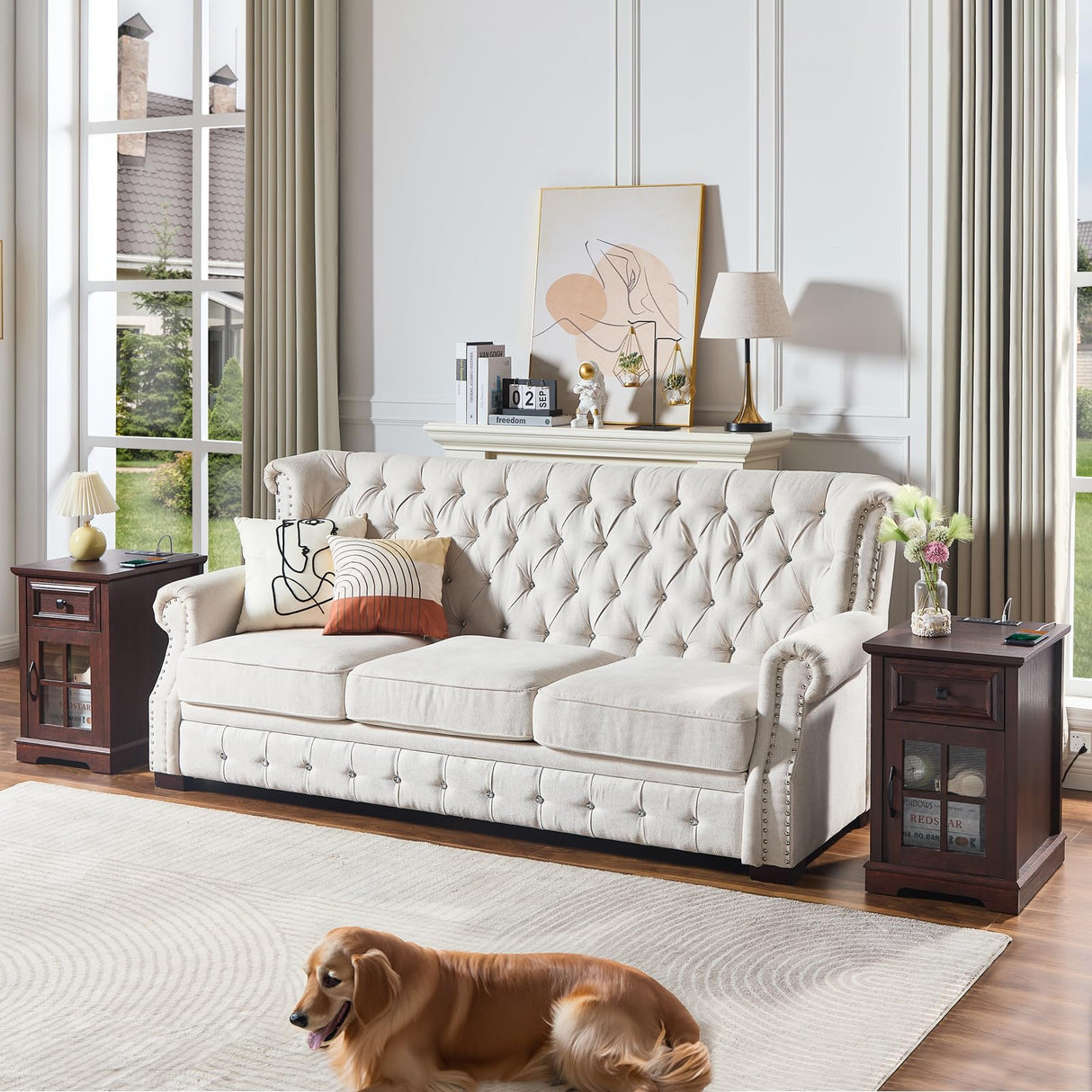 KHLJJU Farmhouse XXL End Table with Charging Station, Side Table with USB Ports and Outlets, Nightstand with Drawer and Glass Door Storage, Cherry Bedside Tables for Living Room, Bedroom, Office KHLJJU