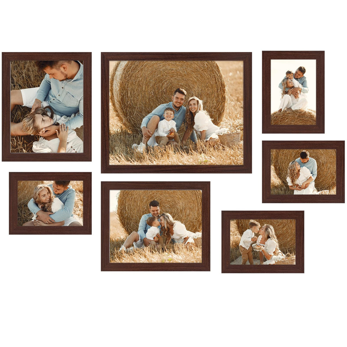 Golden State Art, Gallery Wall Frames, 11x14, 8x10, 5x7 Multiple Photo Frames Collage for Wall or Tabletop Displays with Mat or without Mat (Brown, 7 Pack) Golden State Art