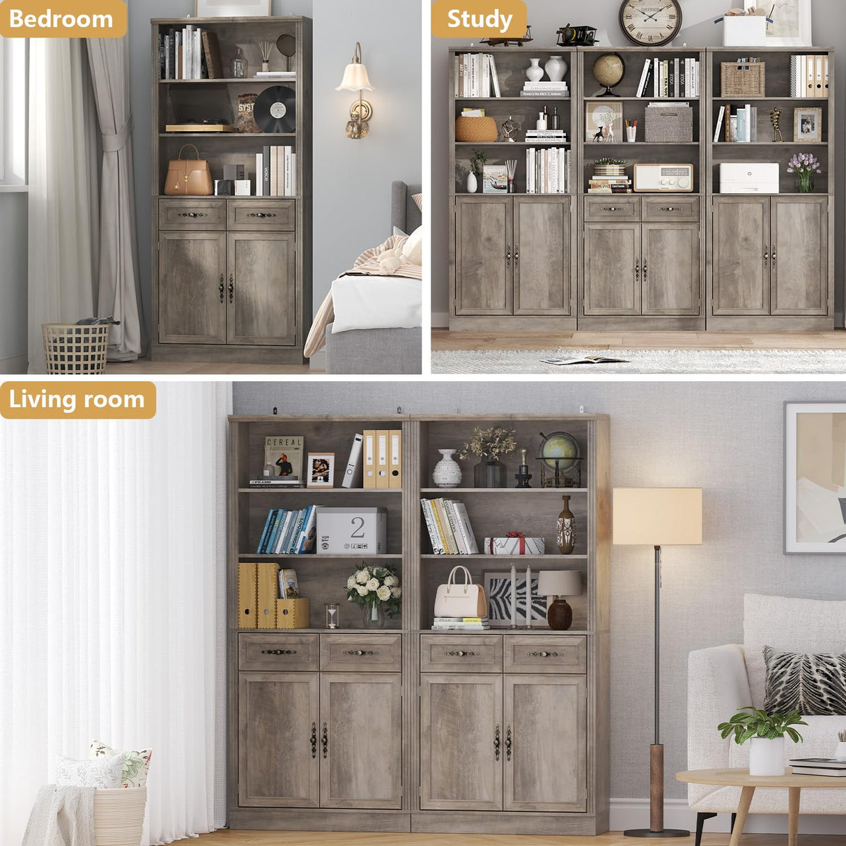 Thacuok Bookcase with Doors and Drawers, Adjustable Shelves, P2 MDF Construction, Freestanding Cabinet with Metal Handles, Hidden Storage for Living Room, Bedroom, Grey Thacuok