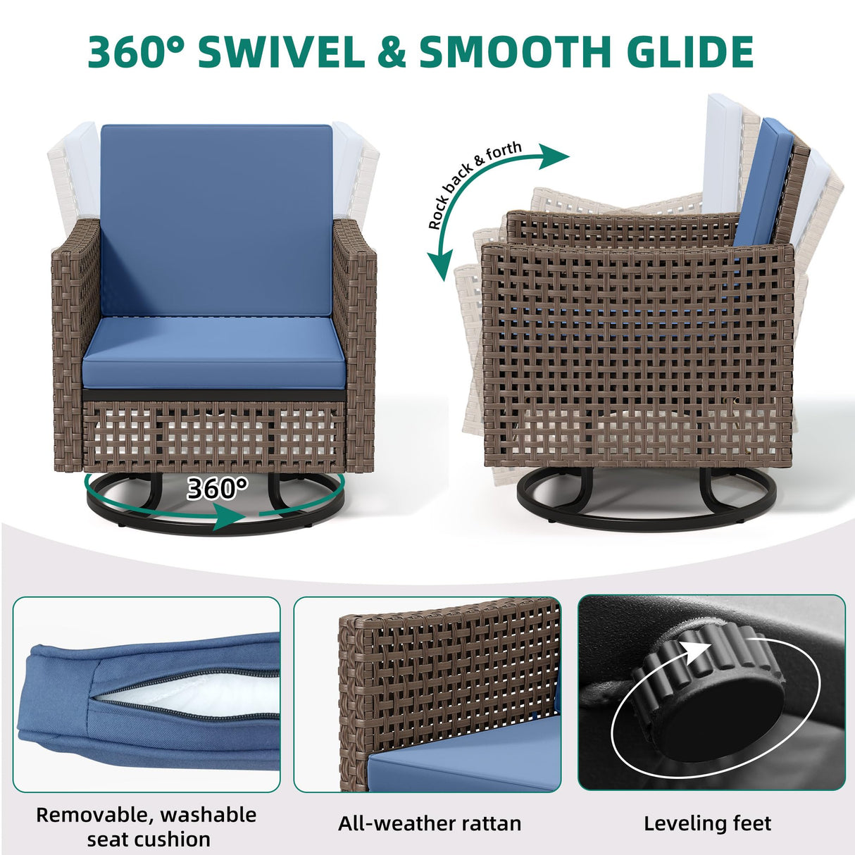 YITAHOME 3 Pieces Swivel Rocking Chairs, Patio Wicker Chairs Outdoor Patio Furniture Set with Rattan Side Table, Thickened Cushions, Bistro Swive Chairs Set for Porch, Patio, and Yard, Blue YITAHOME