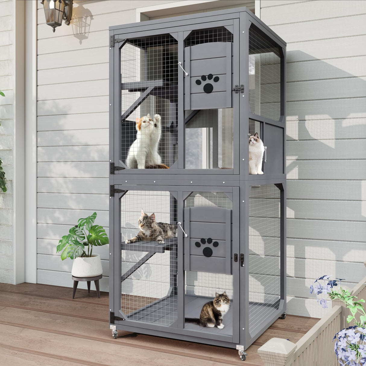 Merax Catio Outdoor Cat Enclosure, 4 Tiers Cat House with Wheels, Resting Box & Waterproof Roof, Indoor Large Cat House Cage, Grey Merax