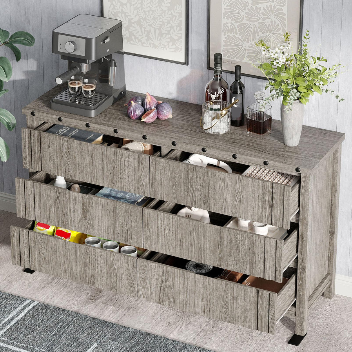 Maupvit Farmhouse 6 Drawers Dresser for Bedroom,55" Fluted Chest of Drawers with Storage Freestanding,Wooden Dresser TV Stand,Closet Clothes Storage Drawer Organizer for Living Room,Entryway,Hallway Maupvit