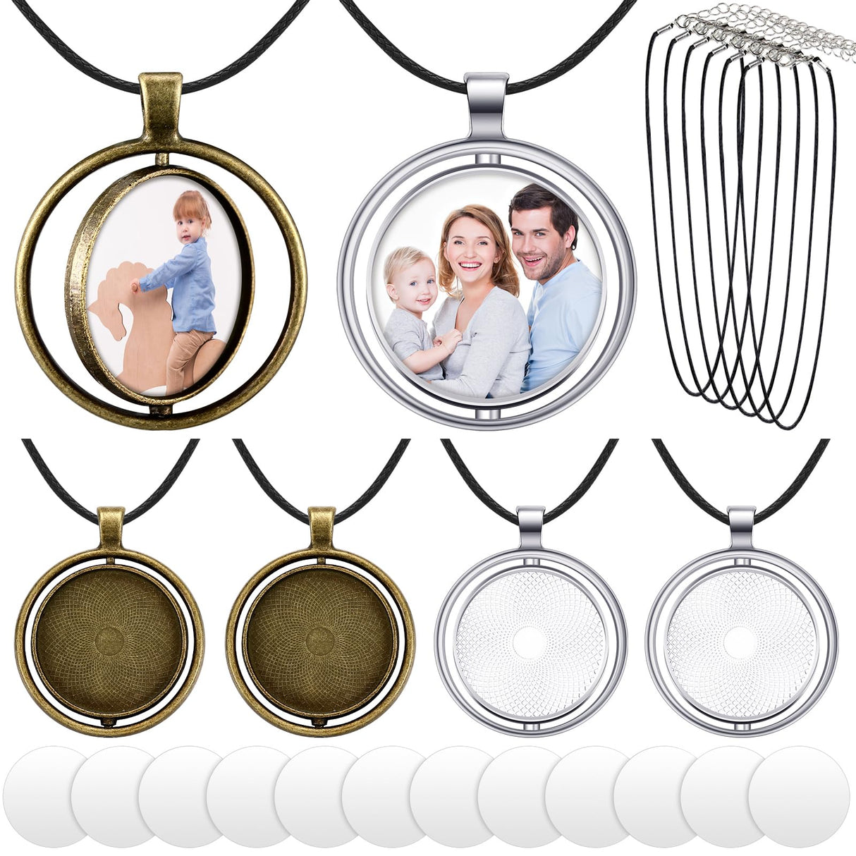 Junkin 24 Pcs Sublimation Rhinestone Trays Pendant Set, Including 6 Double Sided Blank Rhinestone Bezel Trays, 6 Pcs Thick Chains with 12 Sublimation Discs for Making (Round Style) Junkin