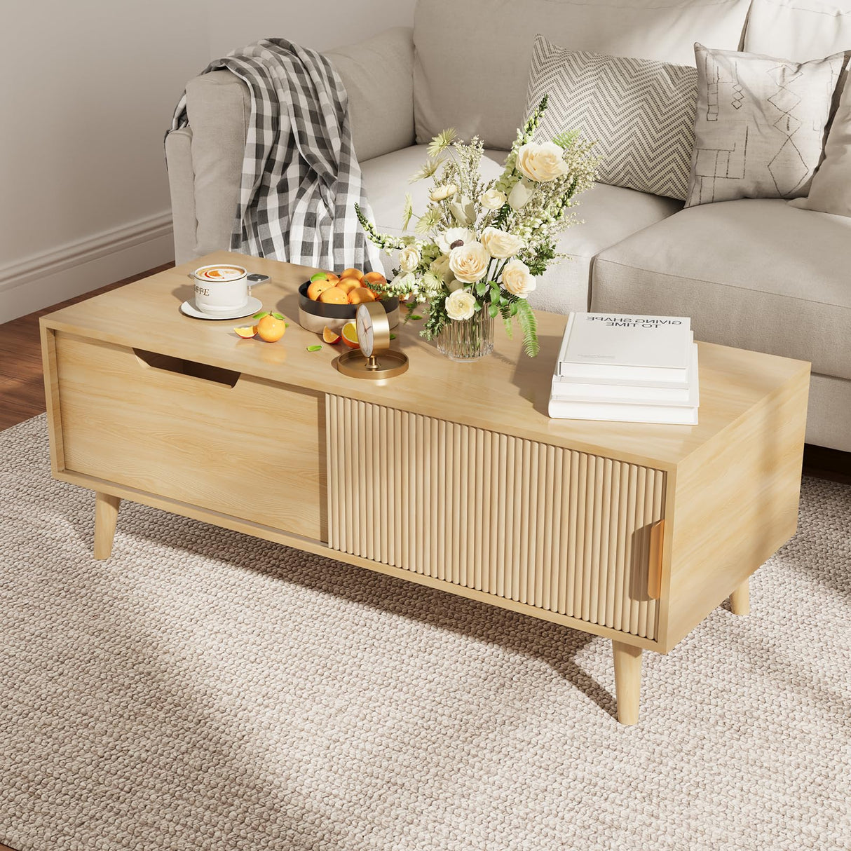 Buenhomino 47" Modern Coffee Table with Storage, Light Wood Accent Center Tables with Sliding Fluted Door Panel and Drawer, Boho Minimalist Console Table Suitable for Living Room, Apartment Natural Buenhomino