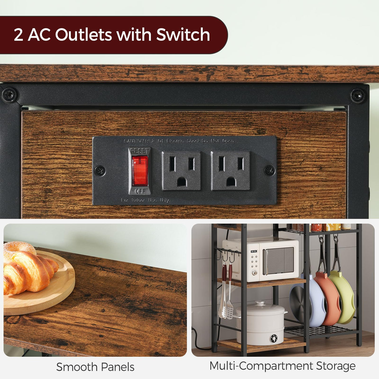 MAHANCRIS Bakers Rack with Power Outlet, Microwave Stand with Adjustable Mesh Rack, Coffee Bar Station, Kitchen Storage Racks with 6 S Hooks, for Kitchen, Dining Room, Rustic Brown and Black BRHR80E01 MAHANCRIS