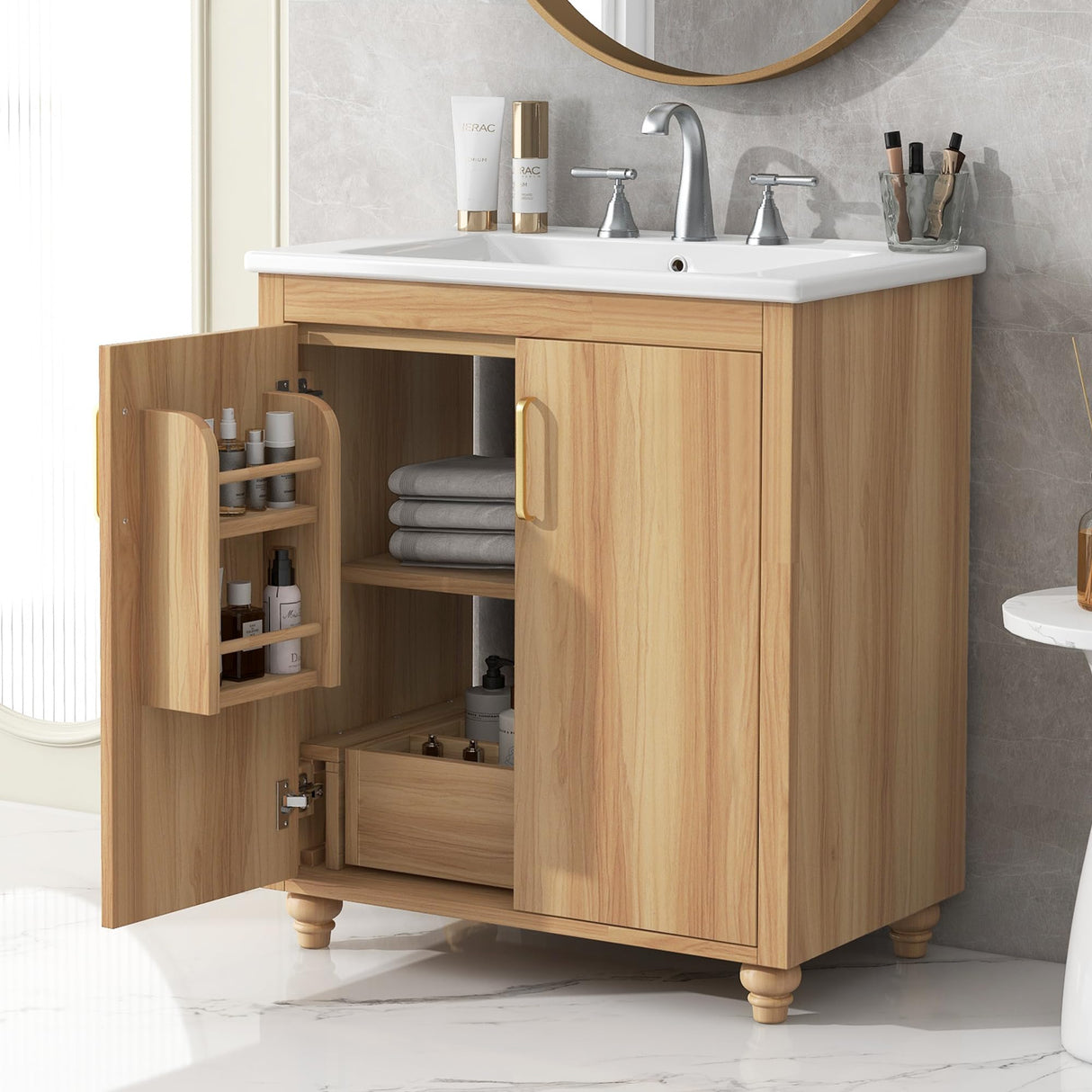 LUMISOL 30" Bathroom Vanity with Sink Combo, Wood Bathroom Storage Cabinet with 1 Drawer and 2 Doors, Multifunctional Racks, Solid Wood Bathroom Vanity with Ceramic Sink, Natural LUMISOL