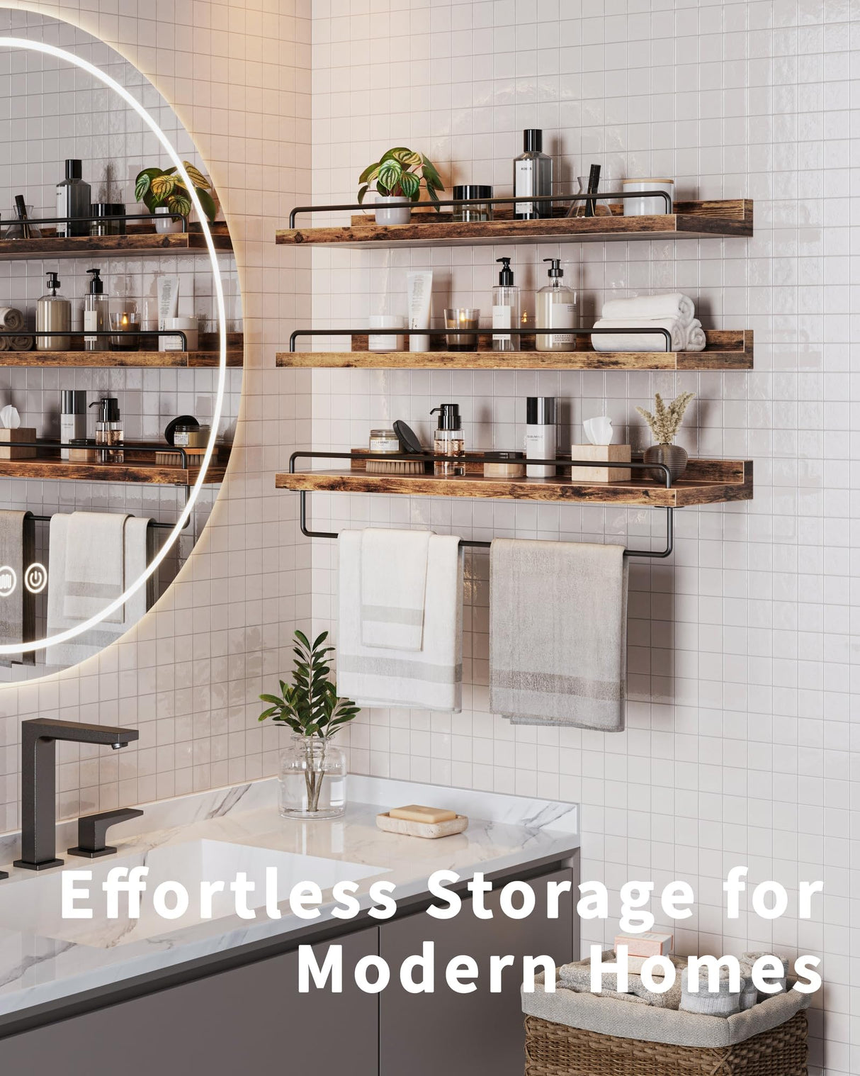 Seocry Bathroom Shelves, Wall Shelf Set of 3, Floating Shelves, Shelves for Room Wall, Bathroom Decor (Rustic Brown, 23 Inches) Seocry