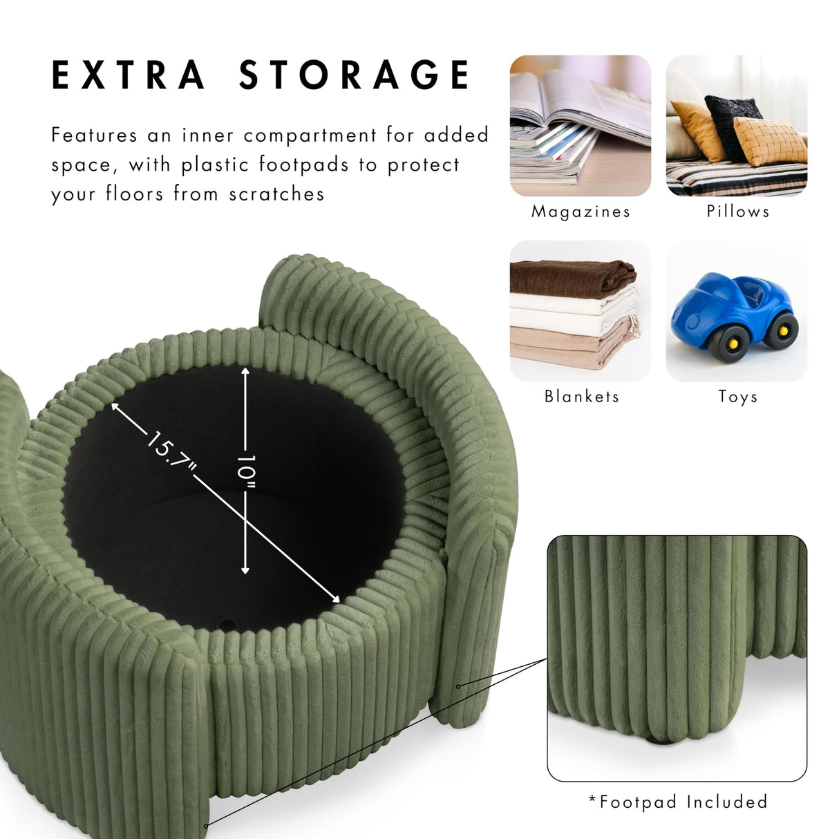 Furniture of America Lennox Modern Chenille 25-inch Round Storage Ottoman with Reversible Flip Top, Upholstered Footstool for Living Room, Bedroom, Entryway, Green Furniture of America