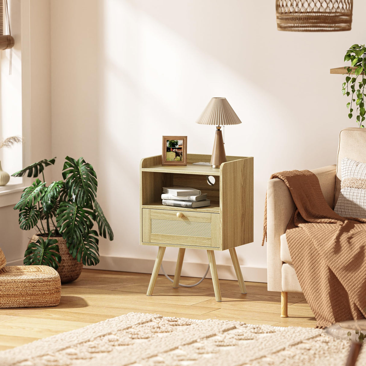 SUPERJARE Nightstand with Charging Station & Rattan-Like Decor Drawer, Rattan End Table with Solid Wood Feet, Bed Side Table with Open Storage, for Bedroom, Living Room, Dormitory - Natural SUPERJARE