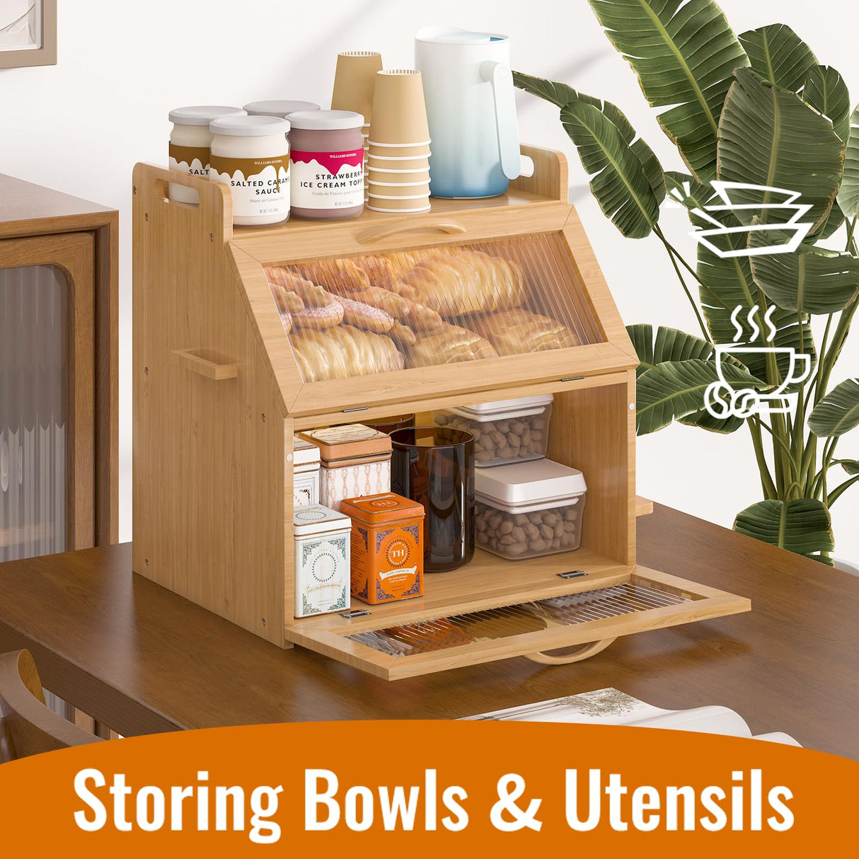 Bread Box, Bread Box for Kitchen Countertop, Large Bread Storage Container for Homemade Bread, Wooden Farmhouse Breadbox Organizers, Double Layer Bread Bin with Acrylic Window Bread Holder,Brown TQQDCI