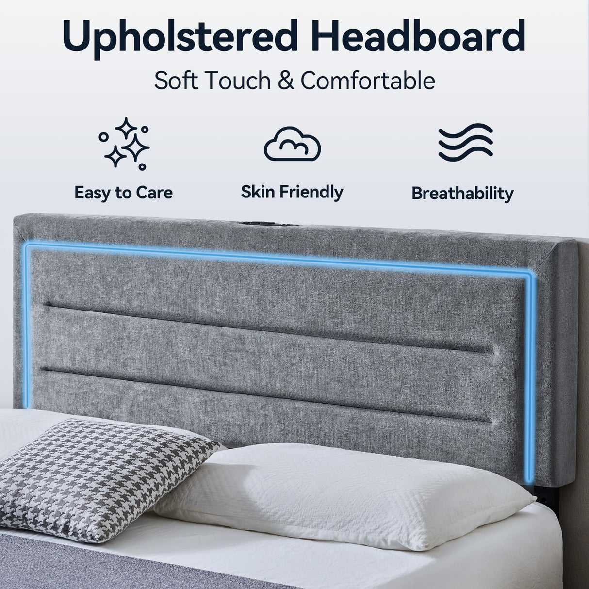 Queen Size Bed Frame with LED Lights and Charging Station, Chenille Upholstered Platform Queen Bed Frame with Headboard, No Box Spring Needed Bedframe, Noise Free, Easy Assembly, Gray Susalt