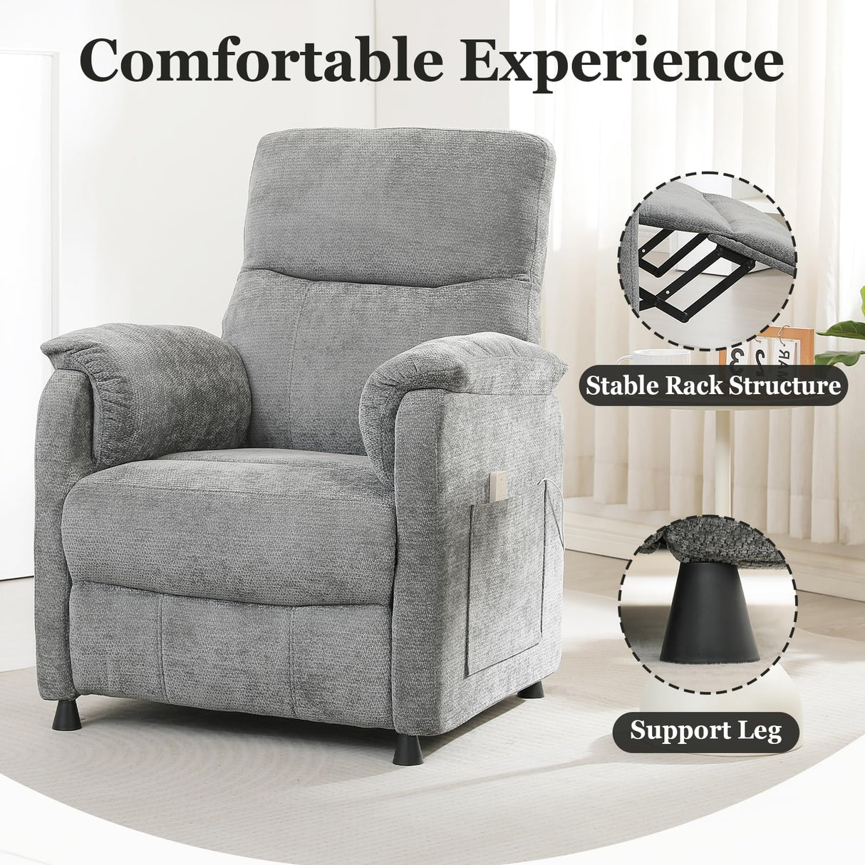 Grey Power Recliner Chairs for Adults, Ultra-Comfy Small Recliners for Small Spaces, Adjustable Electric Recliner Chairs with Remote & 2 Side Pockets - Padded Seat Backrest & Footrest (Gray) anwickjeff