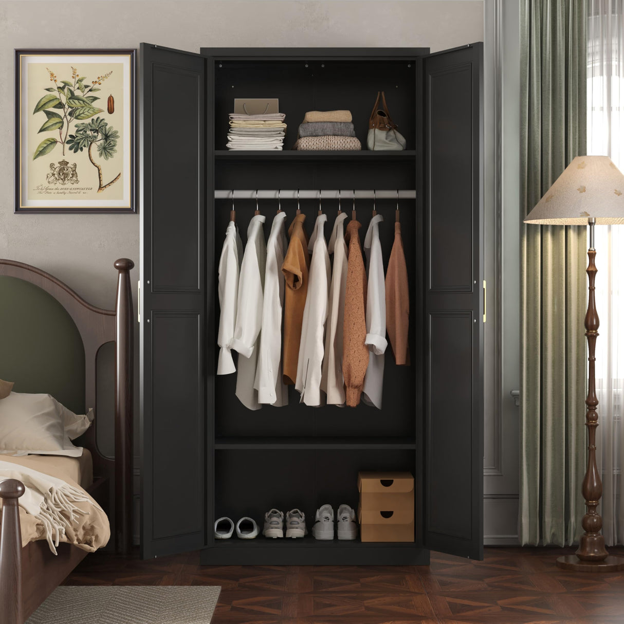 TIMELESS PIECES Metal Wardrobe Cabinets,Black Armoire Wardrobe Closet with Hanging Rod,Clothes Storage Cabinet with Adjustable Shelves and Doors,Clothing Cabinet for Bedroom, Office, Laundry Room TIMELESS PIECES