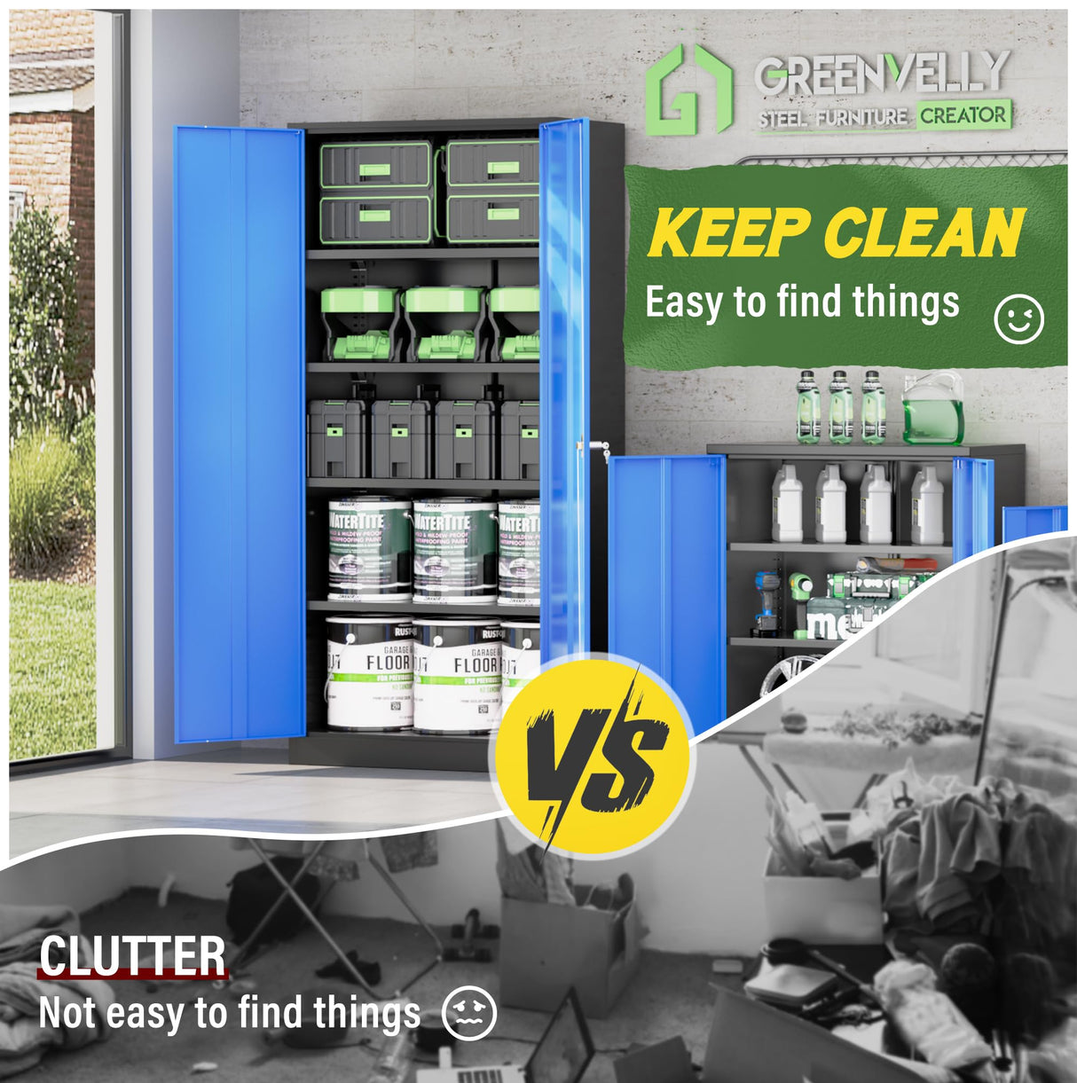 Greenvelly Metal Garage Storage Cabinet,72" Steel Locking Garage Storage Cabinet with Doors and Shelves,Metal Office Storage Cabinet for Home,School,Garage(Black Blue 36" W x18 D) Greenvelly