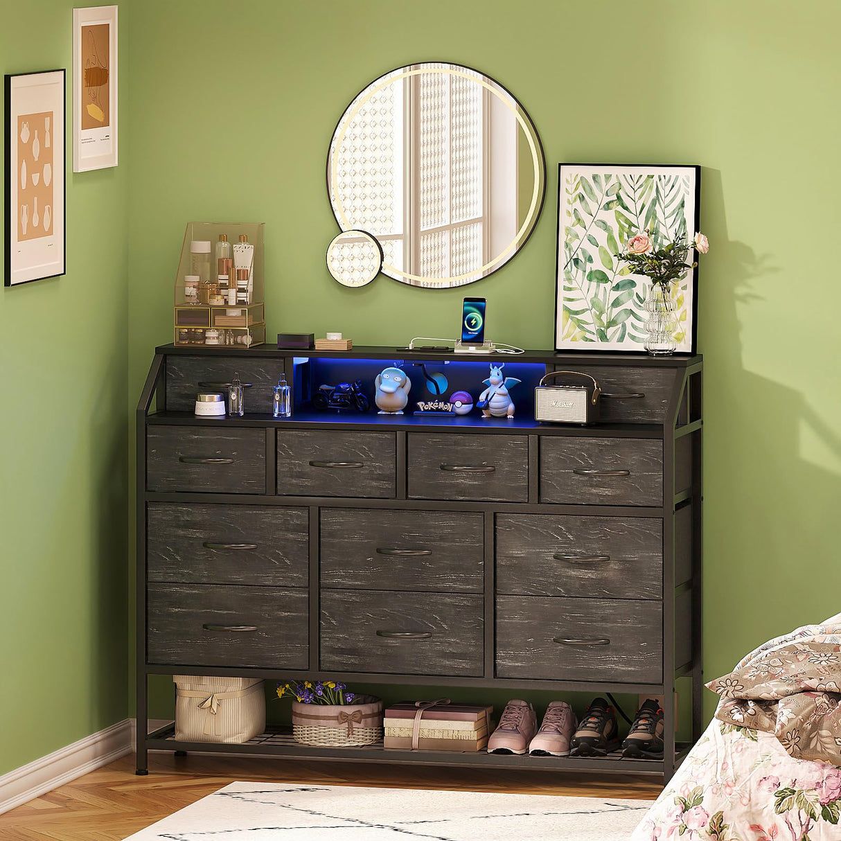 Welfuturer Dresser for Bedroom with 12 Drawers Black Dressers with Charging Station and LED Light 50 inch TV Stand Chest of Drawers with Shoe Rack and Open Shelf for Living Room Entryway Halfway Welfuturer