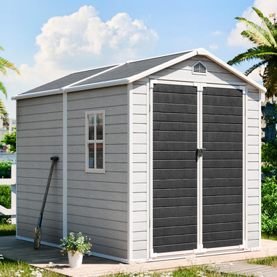 CDCASA 8x6 FT Outdoor Storage Shed, Waterproof Large Resin Shed with Floor & Lockable Door & Window & Vents, Plastic Tool Shed for Outside, Patio, Poolside, Gray