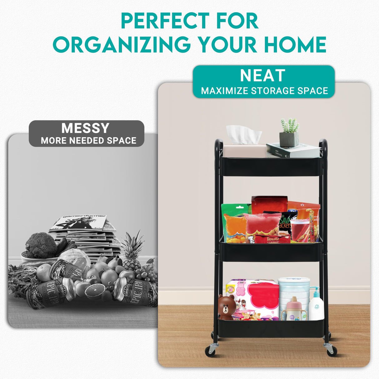 ZOES HOMEWARE 3 Tier Rolling Cart, Metal Utility Cart with 4 Hooks, Rolling Storage Cart on Wheels, Small Organizer Cart for Nursery, Kitchen, Living Room, Bathroom, Black ZOES HOMEWARE