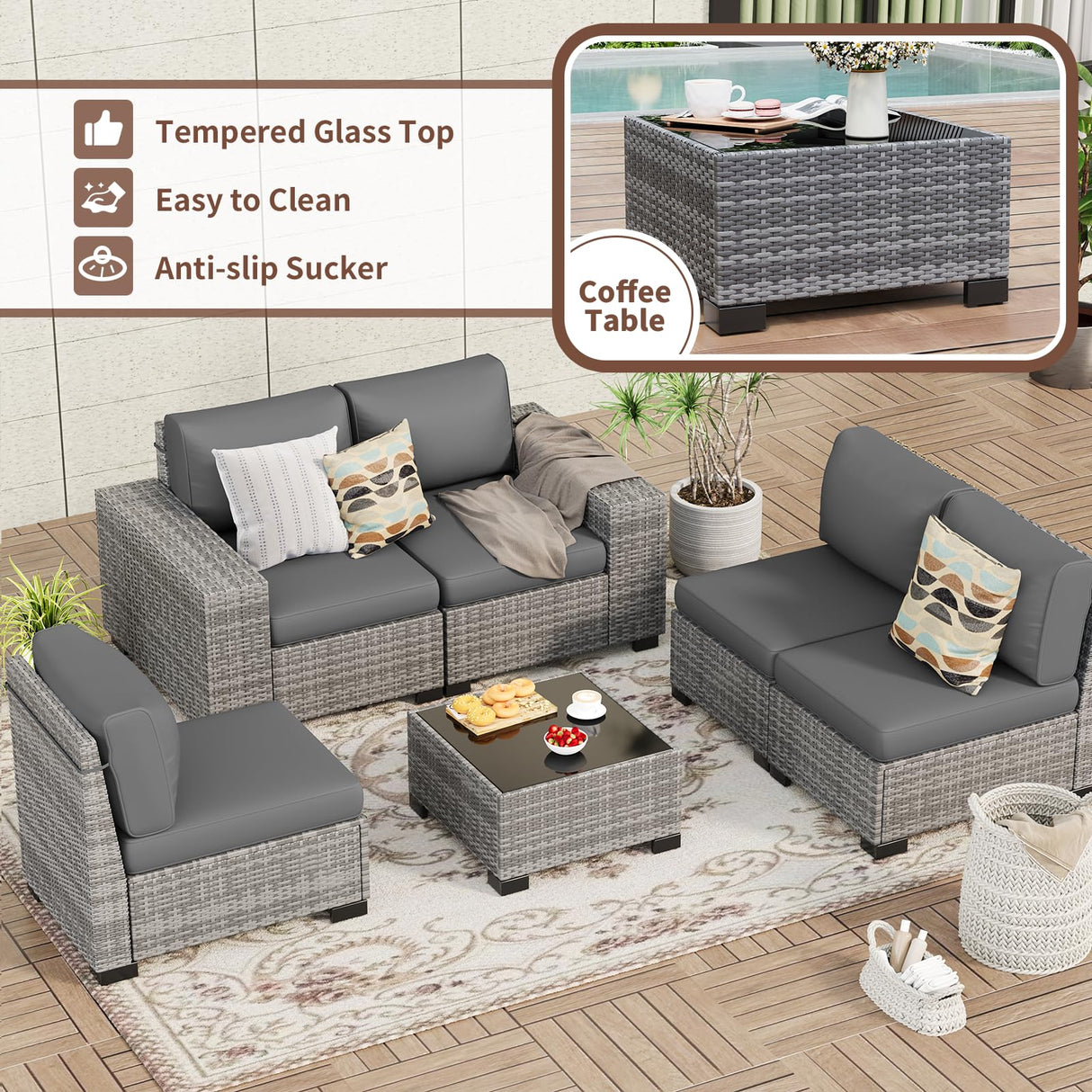 Poteban 6 Pieces Patio Furniture Set, Wide Arm Outdoor Patio Sectional Couch Set, All Weather Wicker Rattan Conversation Set w/Cushions and Glass Table and Waterproof Cover, Grey & Grey Poteban