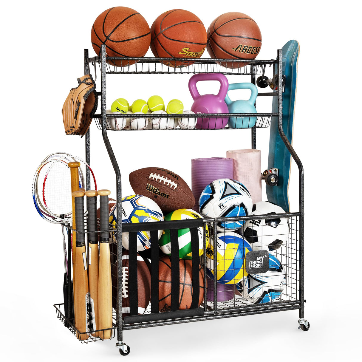Mythinglogic Garage Sports Equipment Organizer, Baseball Storage Large Capacity, Sports Organizer for Garage with Hooks and Baskets, Ball Storage Rack for Football, Soccer Ball, Bat, Toys Mythinglogic
