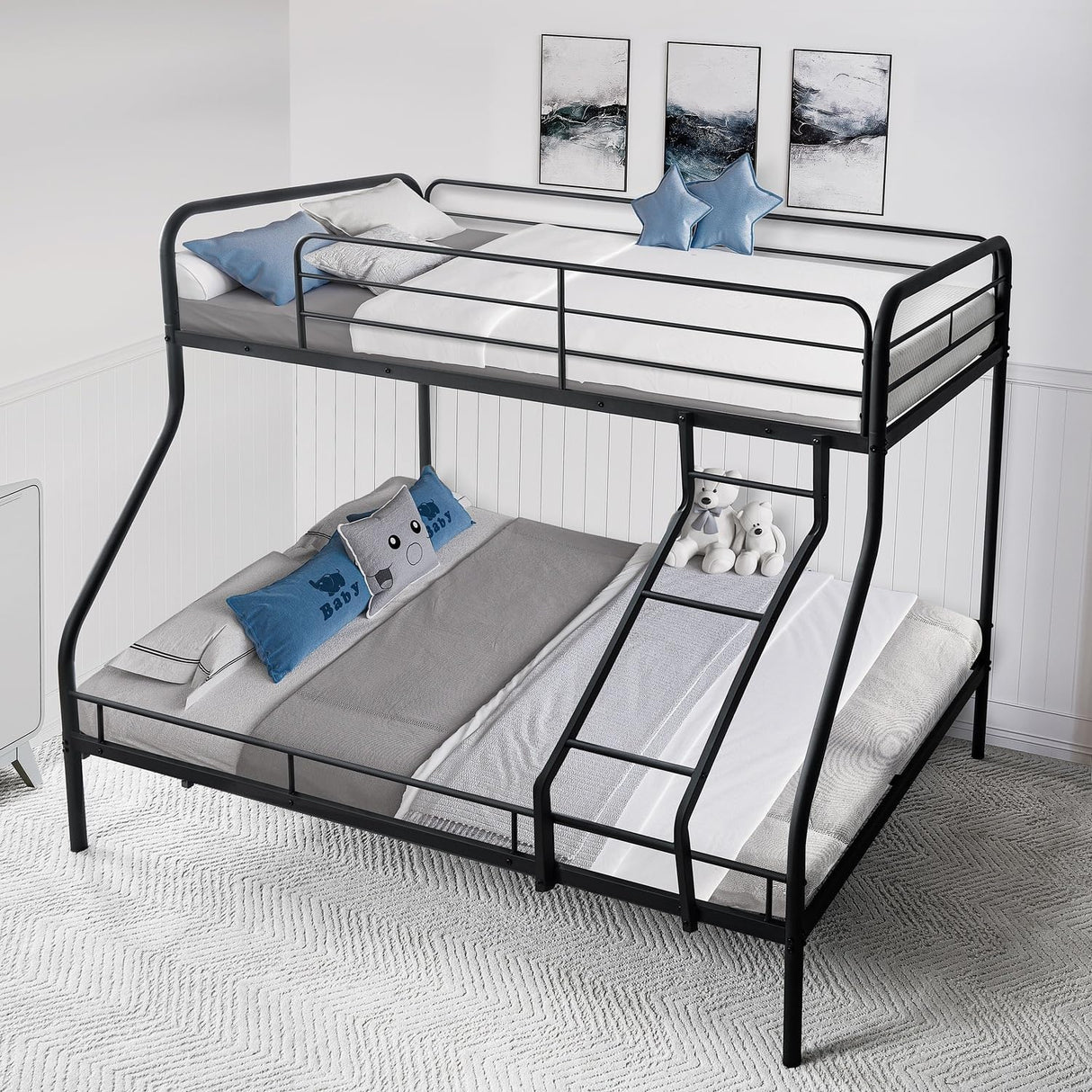 Naomi Home Twin Over Full Metal Bunk Bed with Safety Guardrails, 800 lbs Capacity, Angled Ladder, Underbed Storage, Black, Modern Design Naomi Home