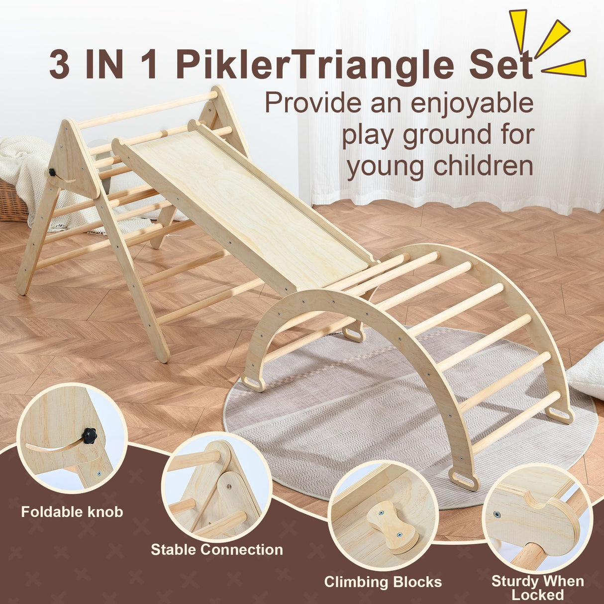 Pikler Triangle Set, Foldable Climbing Play Gym with Arch, Ramp, and Climbing Triangle, Wodden Toddler Climbing Toys Indoor, Montessori Learning Toy for Kids 2-12 Years OLLIKIVI