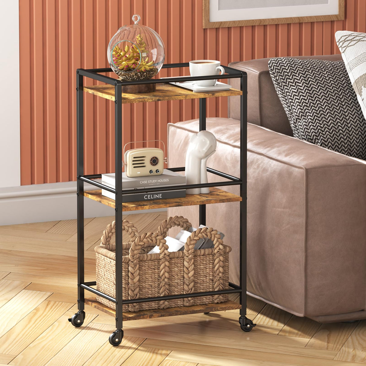 Lifewit Bar Cart for The Home, 3 Tier Small Rolling Wine Cart, Drink Serving Cart with Lockable Wheels, Mini Liquor Utility Cart for Kitchen Dining Living Room, 17" x 11.8" x 32.1", Rustic Brown Lifewit