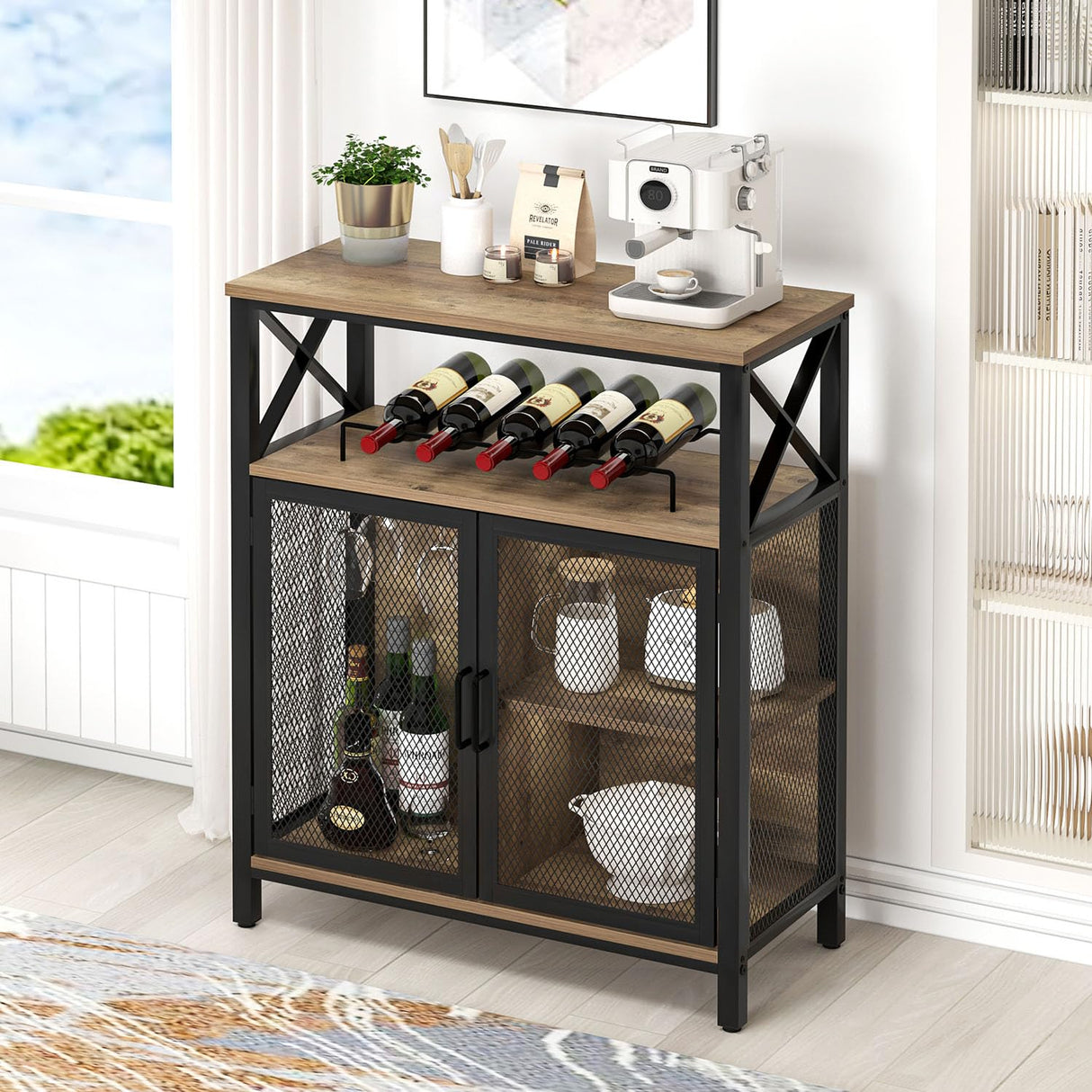 FOLUBAN Coffee Bar Cabinet, Small Liquor Cabinet with Wine Rack for Home, Modern Wine Bar Cabinet with Storage for Living Dining Room, Farmhouse Kitchen Sideboard Buffet Cabinet, Oak 47 Inch FOLUBAN