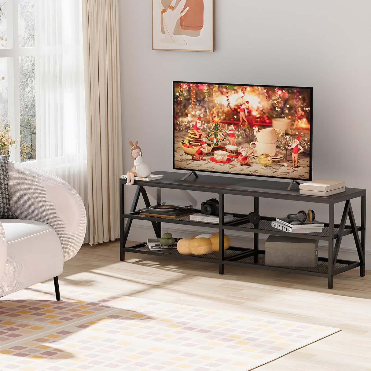 Katrawu TV Stand for TV up to 65 Inch, Long 55" TV Cabinet with 3-Tier Storage Shelves,Entertainment Center TV Console Table for Living Room with Industrial TV Metal Frame, Black Oak Katrawu