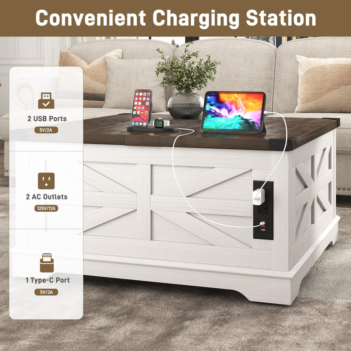 Hlivelood 36" Farmhouse Movable Lift Top Coffee Table with Storage and Power Outlets, Square Wood Living Room Tables with Wheels&Large Hidden Space, Lift Wooden Barn Door Center Table, White Hlivelood