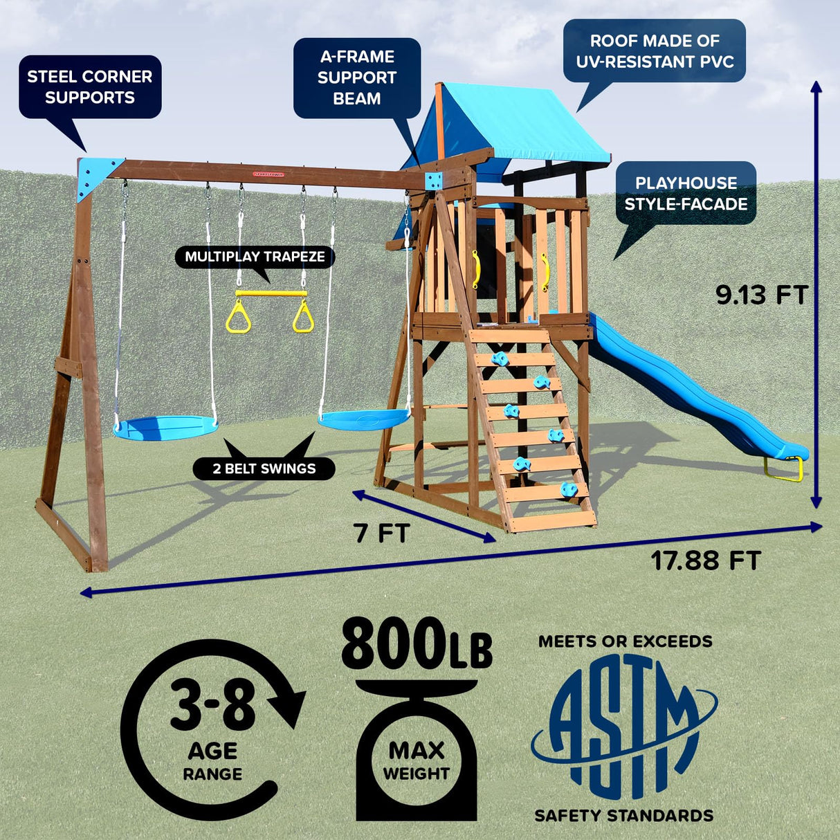 Sportspower™ Rosemont Wooden Swing Set with 8' Slide, 2 Adjustable Swings, Trapeze, Play Fort with Rock Climber, Sandbox, Picnic Table, Chalk Tarp & Anchor Kit, Outdoor Playset for Kids Ages 3–8 Sportspower