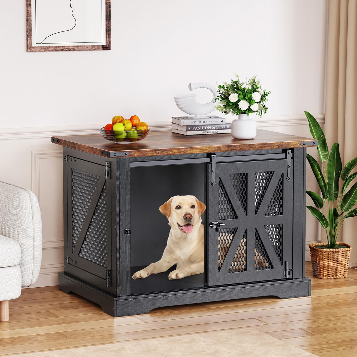 VOPEAK Farmhouse Dog Crate Furniture, Heavy Duty Large Dog Crate for Medium Large Dogs, XL Dog Crate Dog Kennel Indoor with Double Doors, Chew Resistant End Table for Bedroom Living Room, Black VOPEAK
