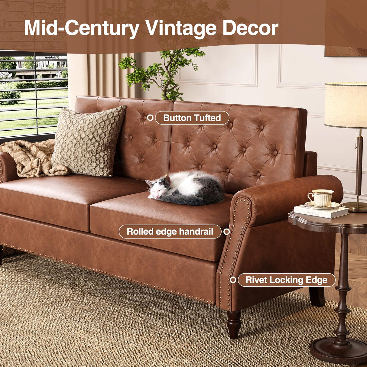 FiveWillowise Brown Couch, 73-inch Sofa Couch, Faux Leather Couch, Office Couch with Wooden Legs, Vintage Couch with Rolled Armrests, Mid Century Modern Couch for Living Room Small Apartment FiveWillowise