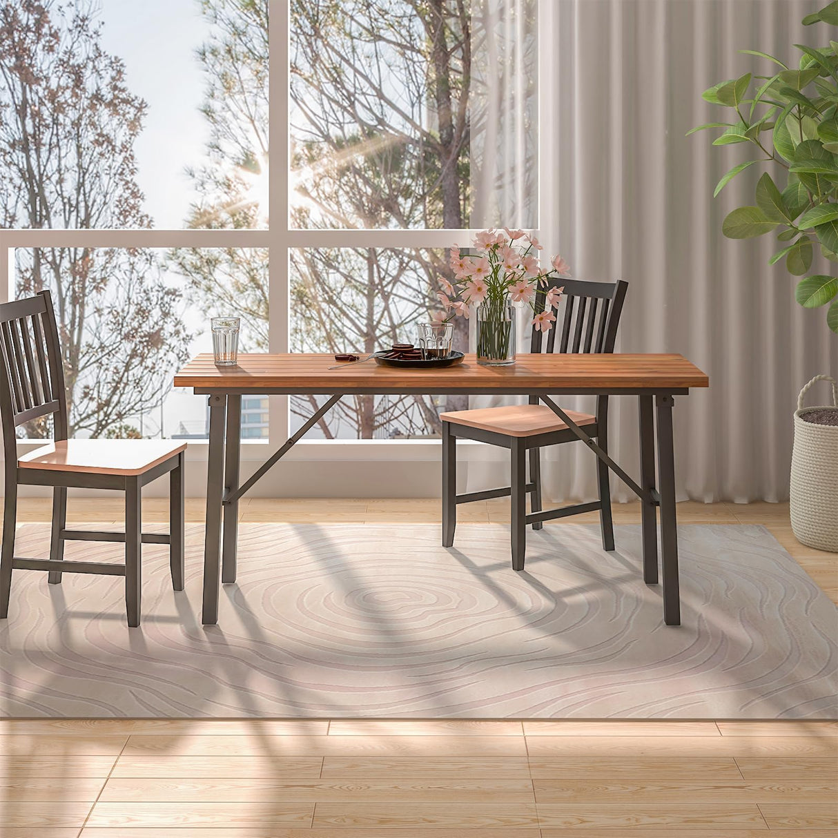 HAPPYGRILL Folding Picnic Table Acacia Wood Dining Table with Metal Frame, Portable Camping BQQ Table, Rectangular Dining Table for Indoor Outdoor Activities Garden Yard Patio HAPPYGRILL