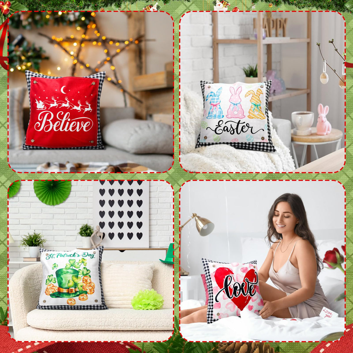 Set of 13 Seasonal Holiday Throw Pillow Covers 18 x 18 in with 12 Interchangeable Holiday Panels Christmas Thanksgiving Fall Xmas Winter Decorative Square Pillowcase for Farmhouse Sofa Home Decor Hahafelt