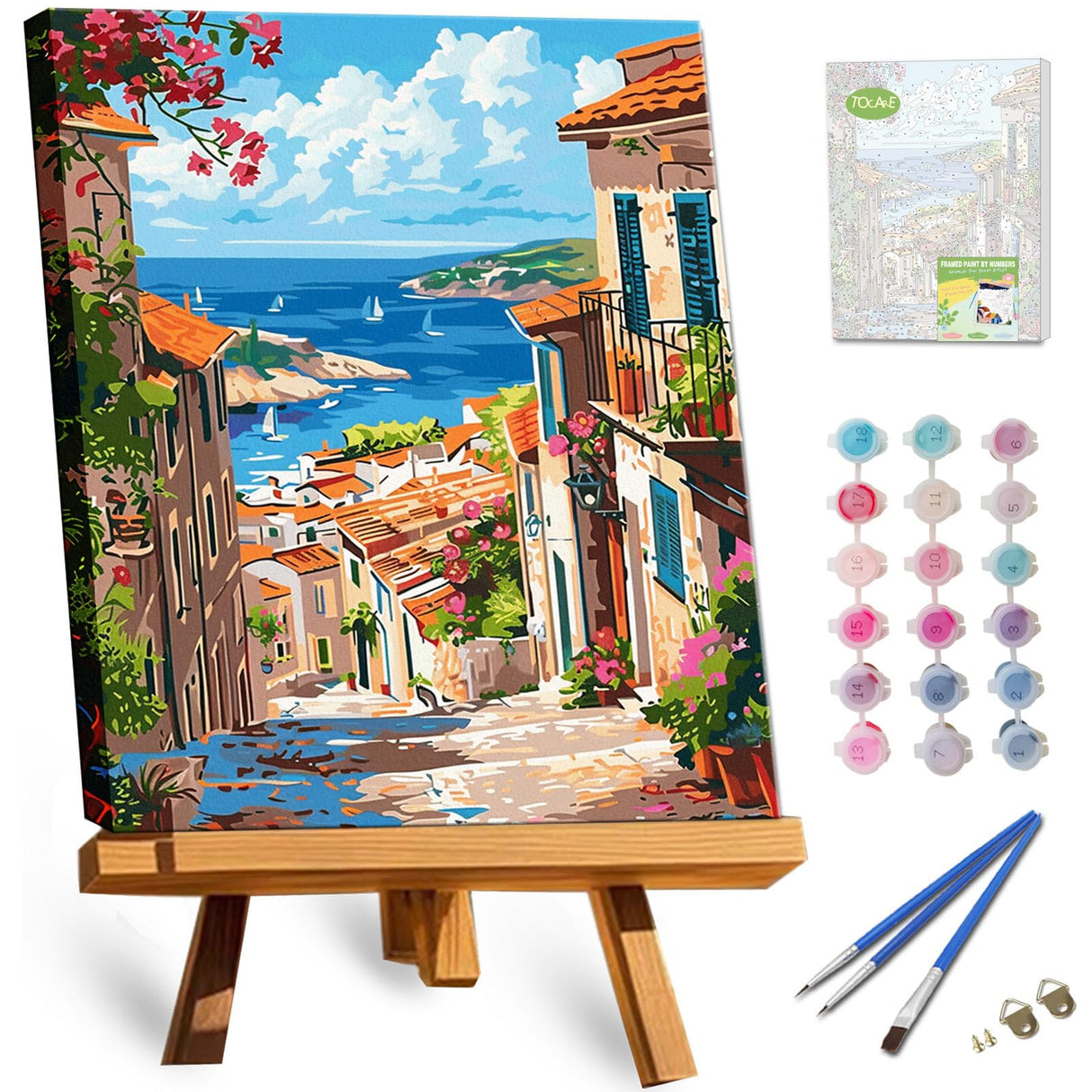 TOCARE Framed Paint by Numbers Kit for Adults, 12x16Inch Mediterranean Paint by Numbers with Frame, Greece Paint by Number Framed Canvas Nature Scenery(Without Easel) TOCARE