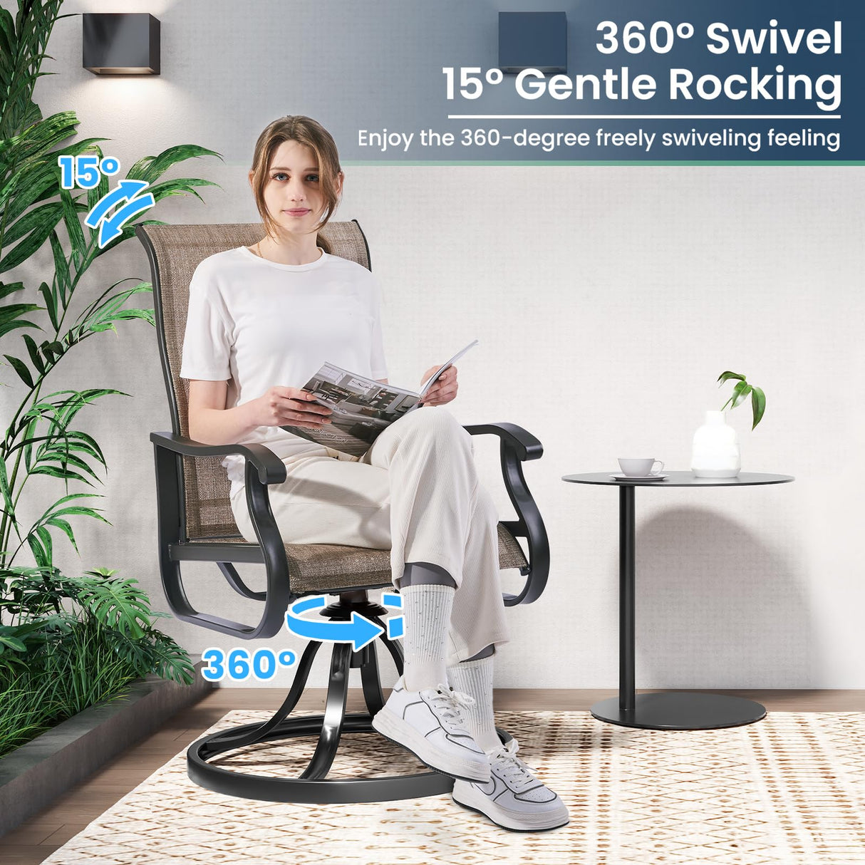 Amopatio Patio Swivel Chairs Set of 2, Outdoor Swivel Rocker Dining Chairs with All Weather Textilene High Back & Metal Frame, for Backyard Deck Lawn Garden, Brown Amopatio