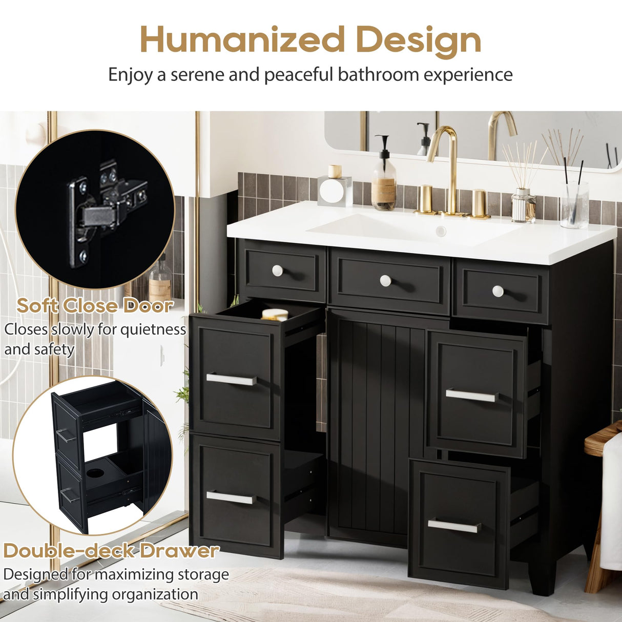 Mirightone 36" Bathroom Vanity with Sink, Bathroom Vanity 36 Inch with Sink, 36 Vanity with Sink for Bathroom, 36 in Restroom Vanity with Top, Soft Closing Door and 3 Drawers, No Faucet (Black) Mirightone