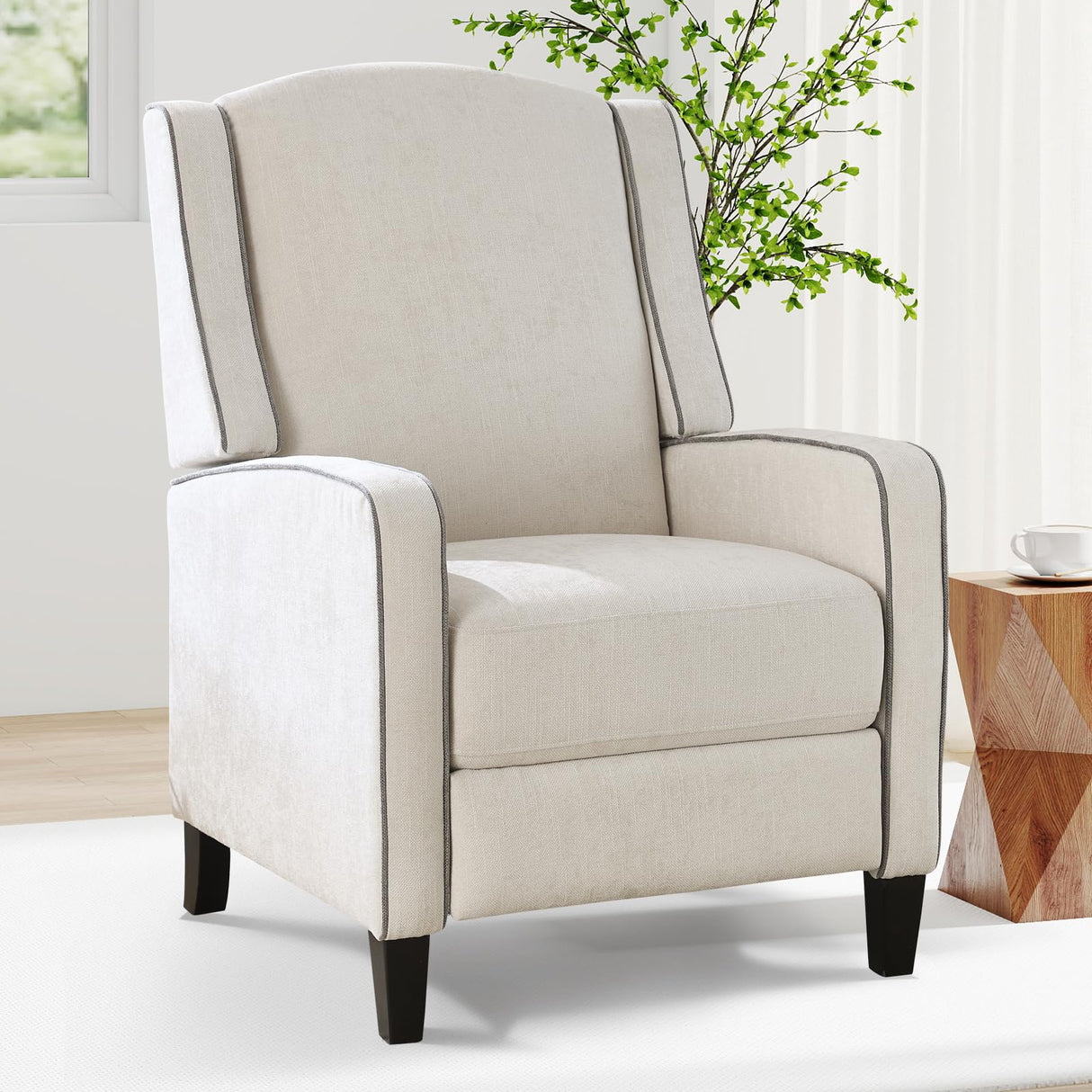 ANJ Push Back Recliner Chair, Soft Fabric Lounge Armchair,Wingback Recliner Single Sofa Chair with Steel-Reinforced Frame,Adjustable Pushback Chair for Living Room, Beige ANJ