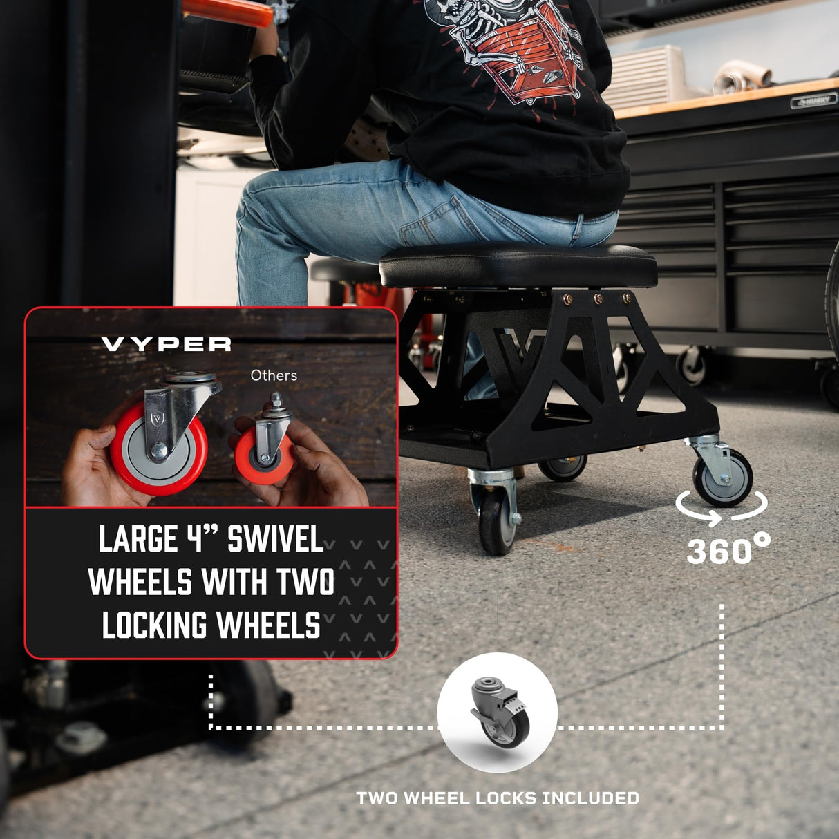 Vyper Low Pro Garage Stool with Removable Seat for Mechanics, Automotive, DIY - 400 lb Capacity Shop Chair, Rolling Shop Stool (Black Seat, Blue Frame) Vyper Industrial