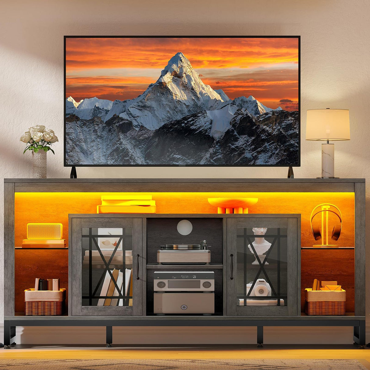 YITAHOME 33.5'' Tall TV Stand for 75 inch TV, LED Entertainment Center with Storage, Grey TV Stands for Living Room with Acrylic Doors & Power Outlets, Tall TV Console Cabinet, Grey YITAHOME