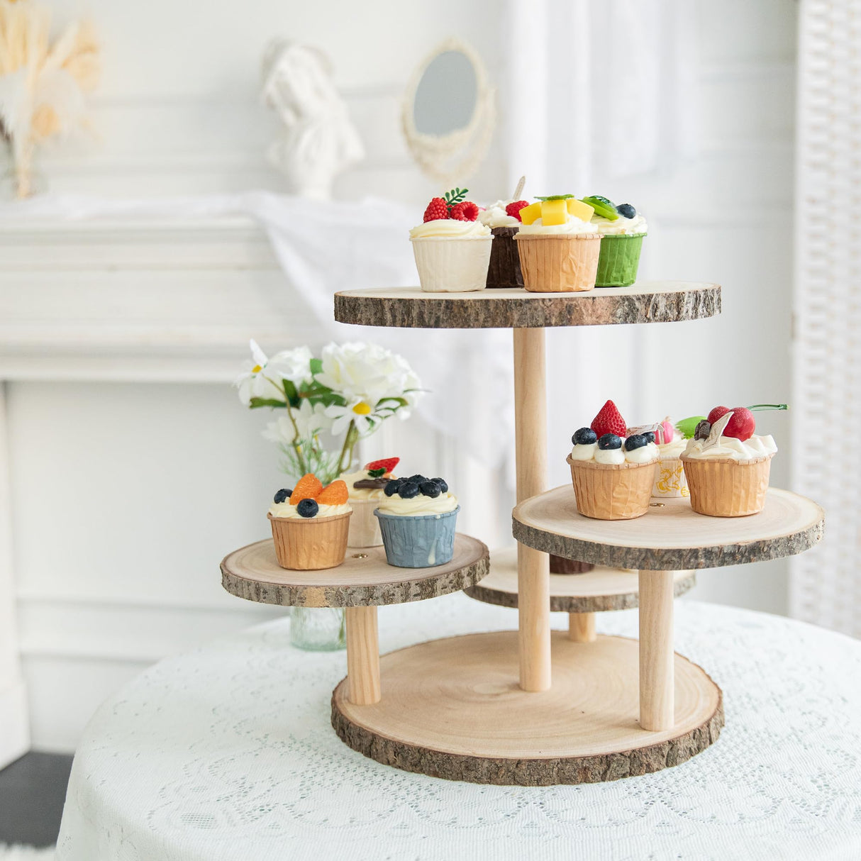 GENMOUS 4 Tiered Round Cake and Cupcake Stand Combo for Birthday Party Decor, Rustic Wooden Cupcake Tower Stands for 50 Cupcakes, Farmhouse Cupcake Tier Stand Display for Wedding Baby Shower Tea Party GENMOUS & CO.