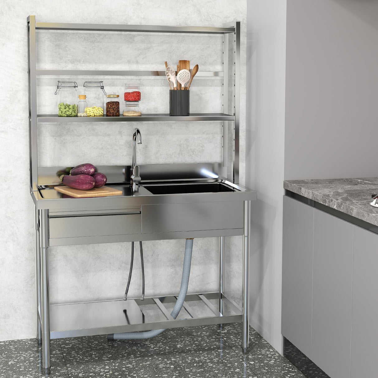 Toemics 39'' Stainless Steel Utility Sink, Free Standing Commercial Single Bowl Sink with Left Drawer & Shelves & Cold and Hot Water Pipe, Indoor and Outdoor Sink for Laundry Room, Garage, Kitchen Toemics